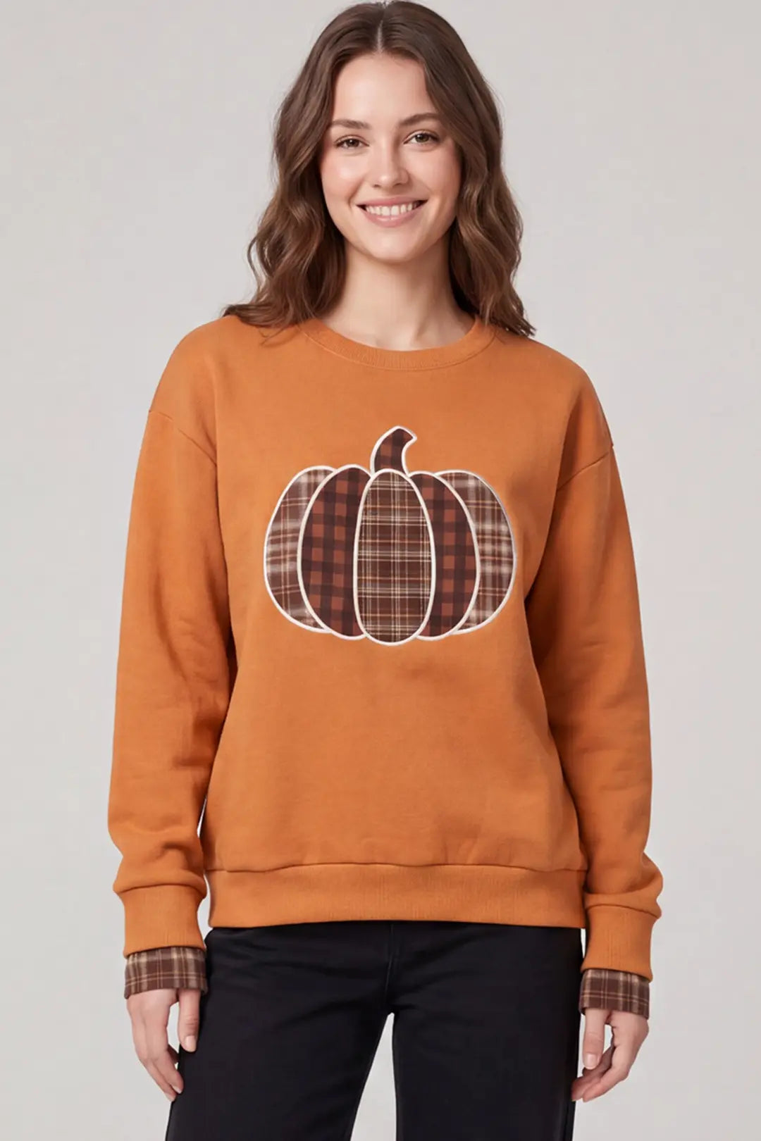 Pumpkin Plaid Patchwork Long Sleeve Top