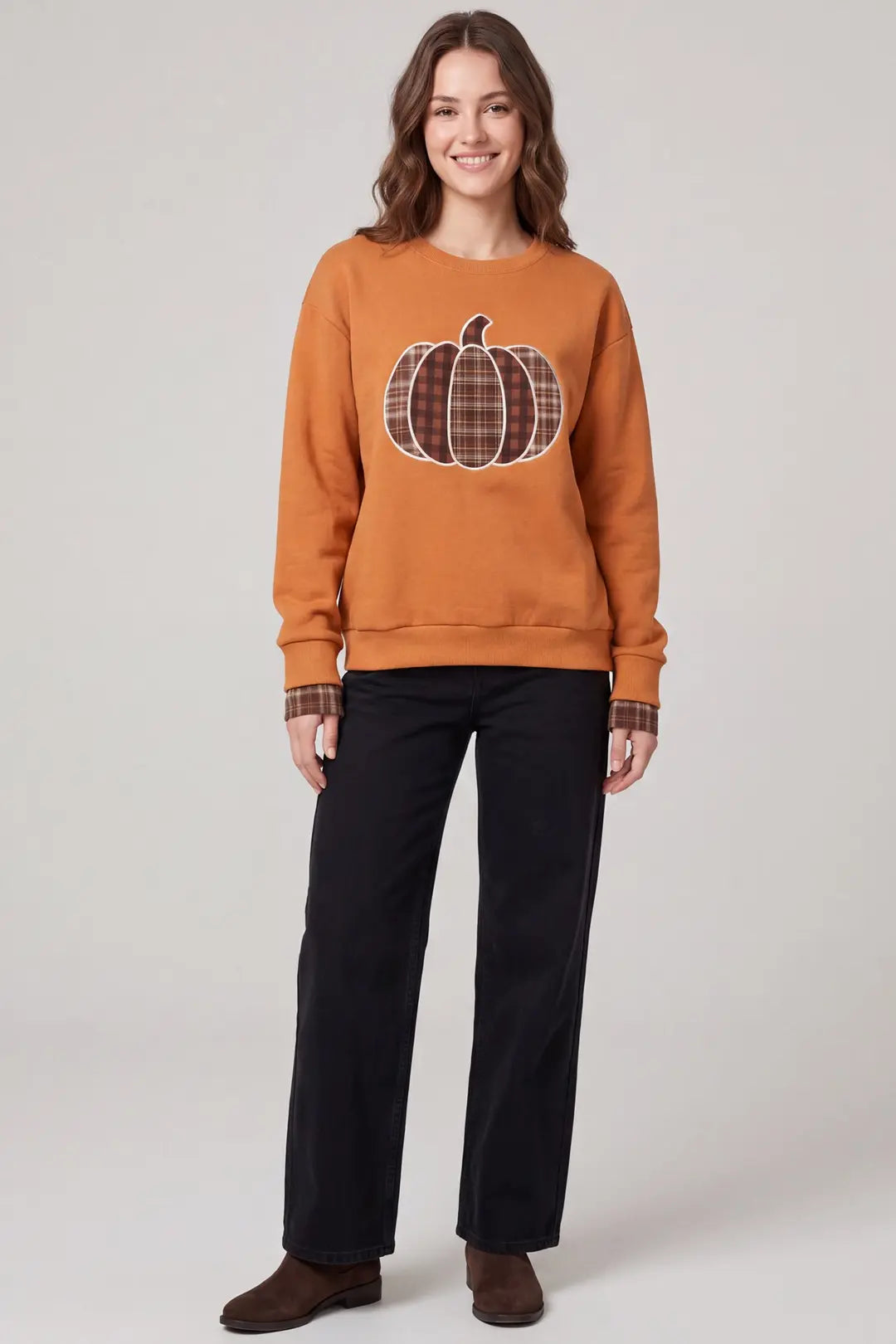 Pumpkin Plaid Patchwork Long Sleeve Top