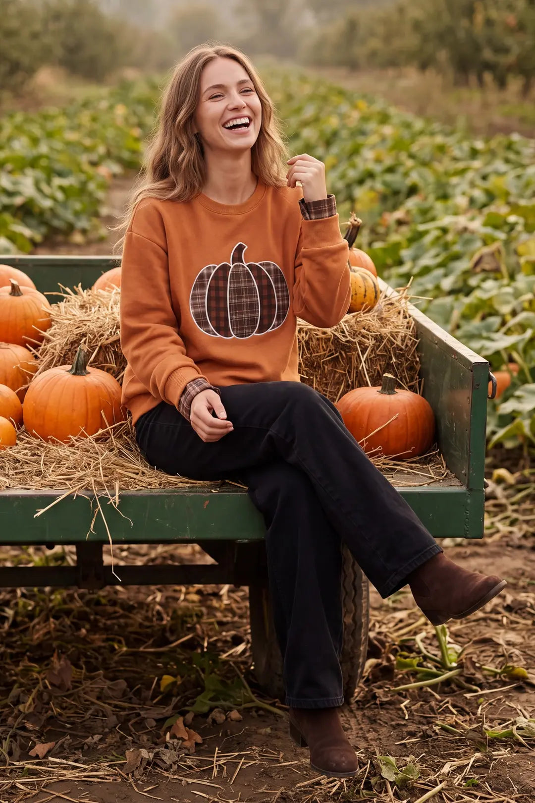 Pumpkin Plaid Patchwork Long Sleeve Top