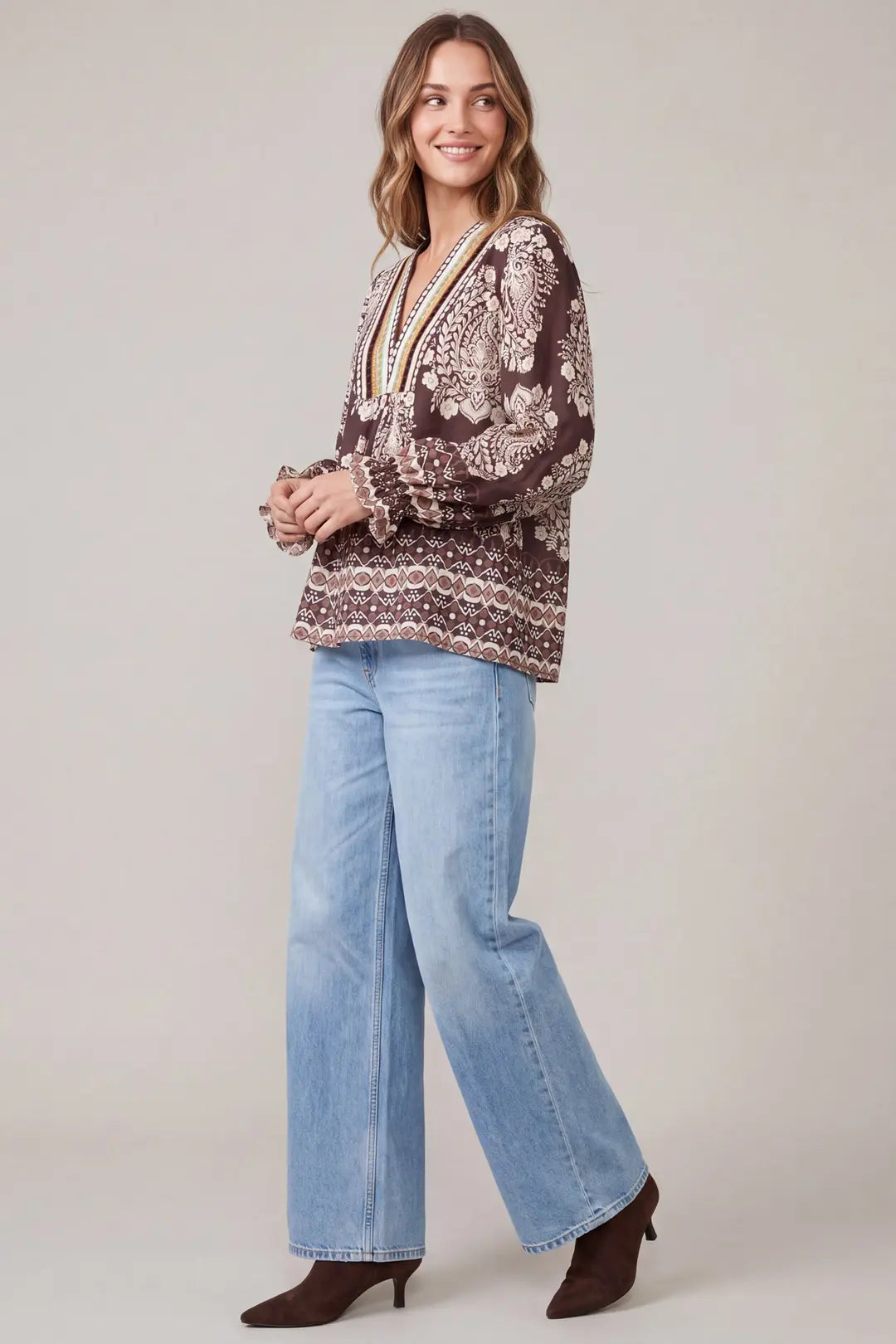 Brown Paisley Border Print V-Neck Blouse