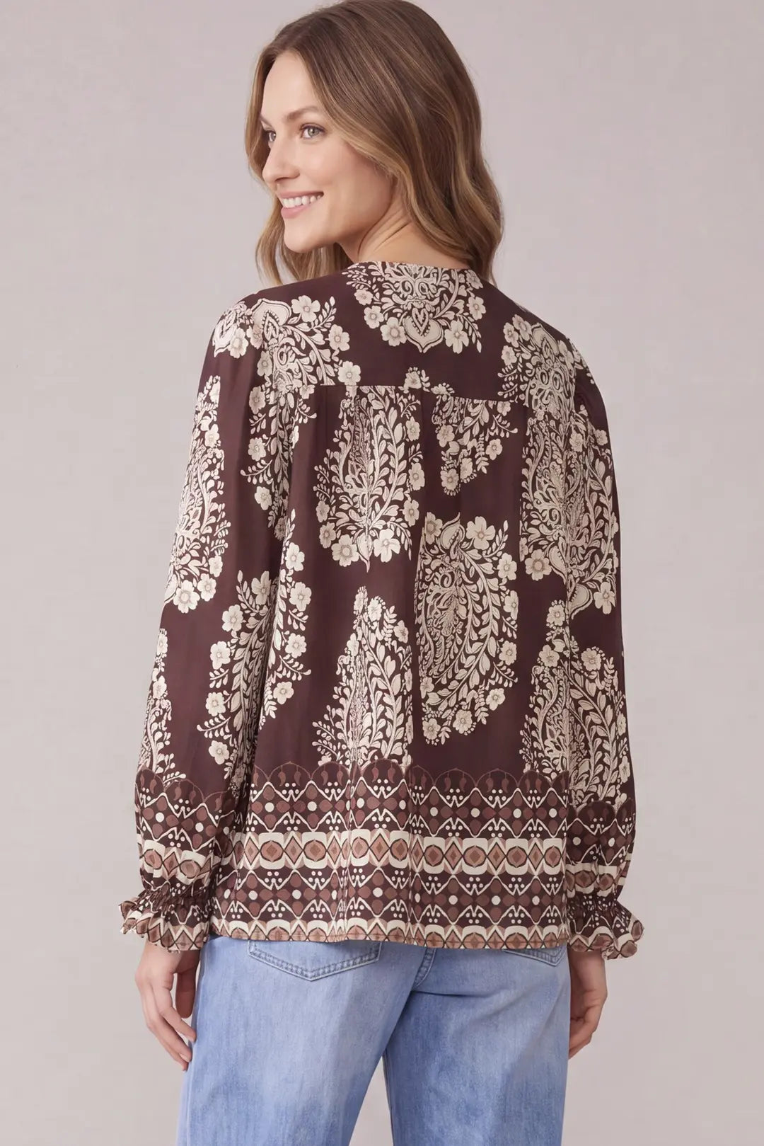 Brown Paisley Border Print V-Neck Blouse