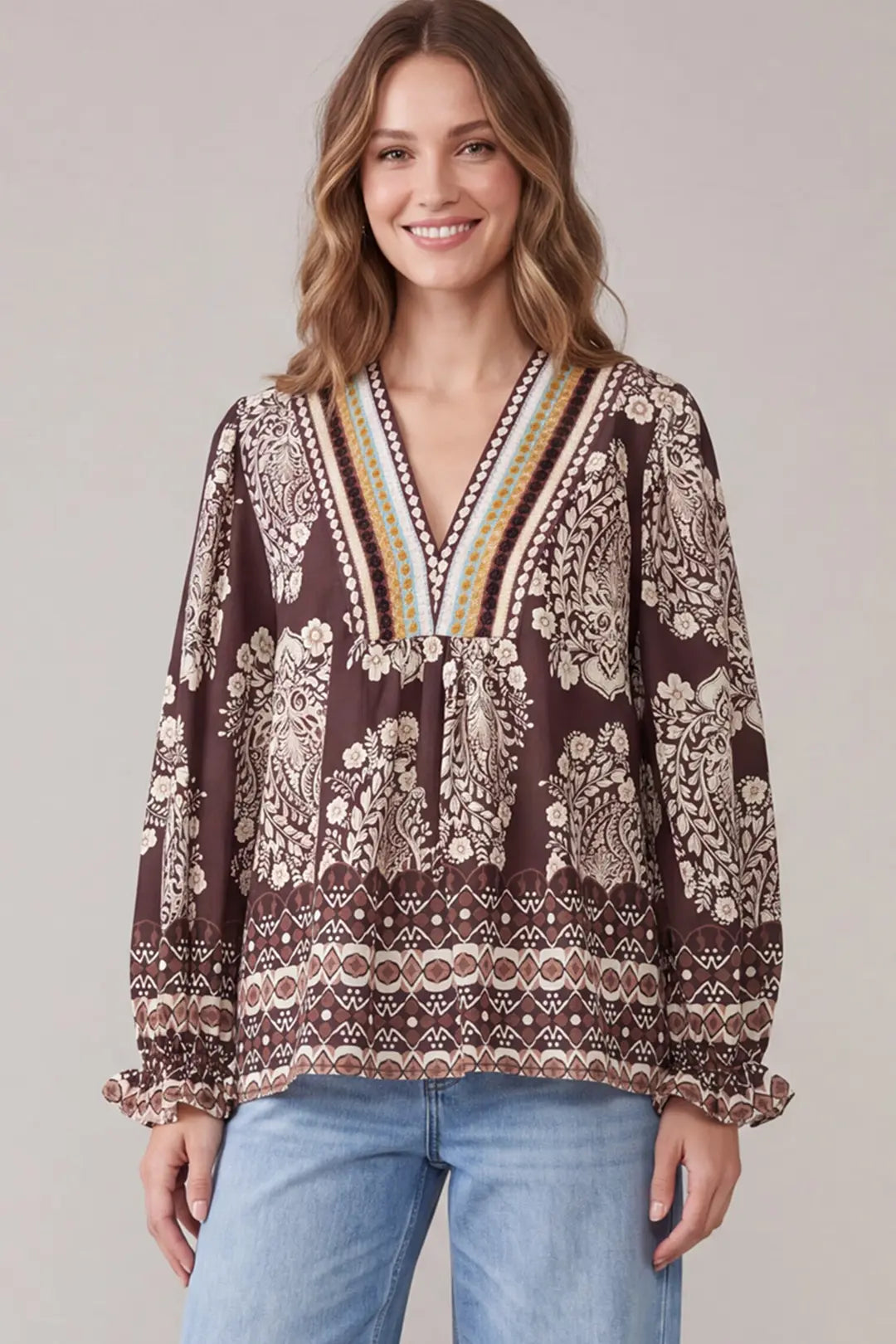 Brown Paisley Border Print V-Neck Blouse