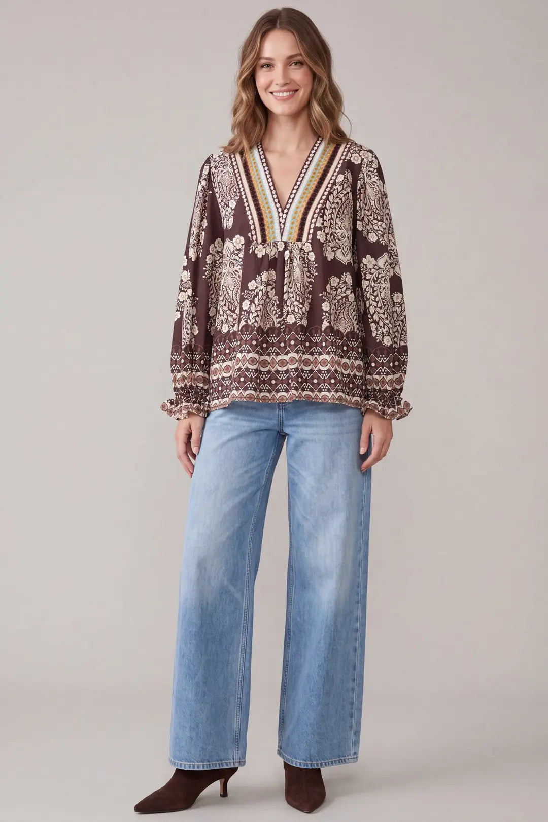 Brown Paisley Border Print V-Neck Blouse