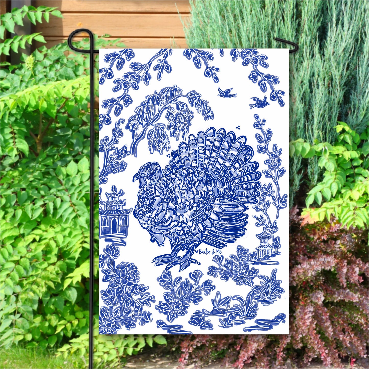 Blue & White Turkey Thanksgiving Garden Flag