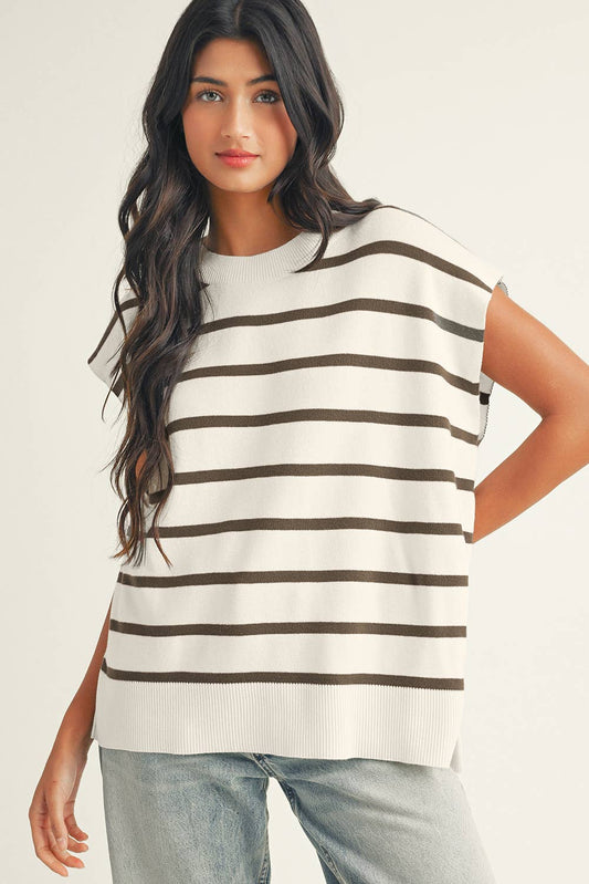 brown and white striped knit top short sleeve relaxed fit
