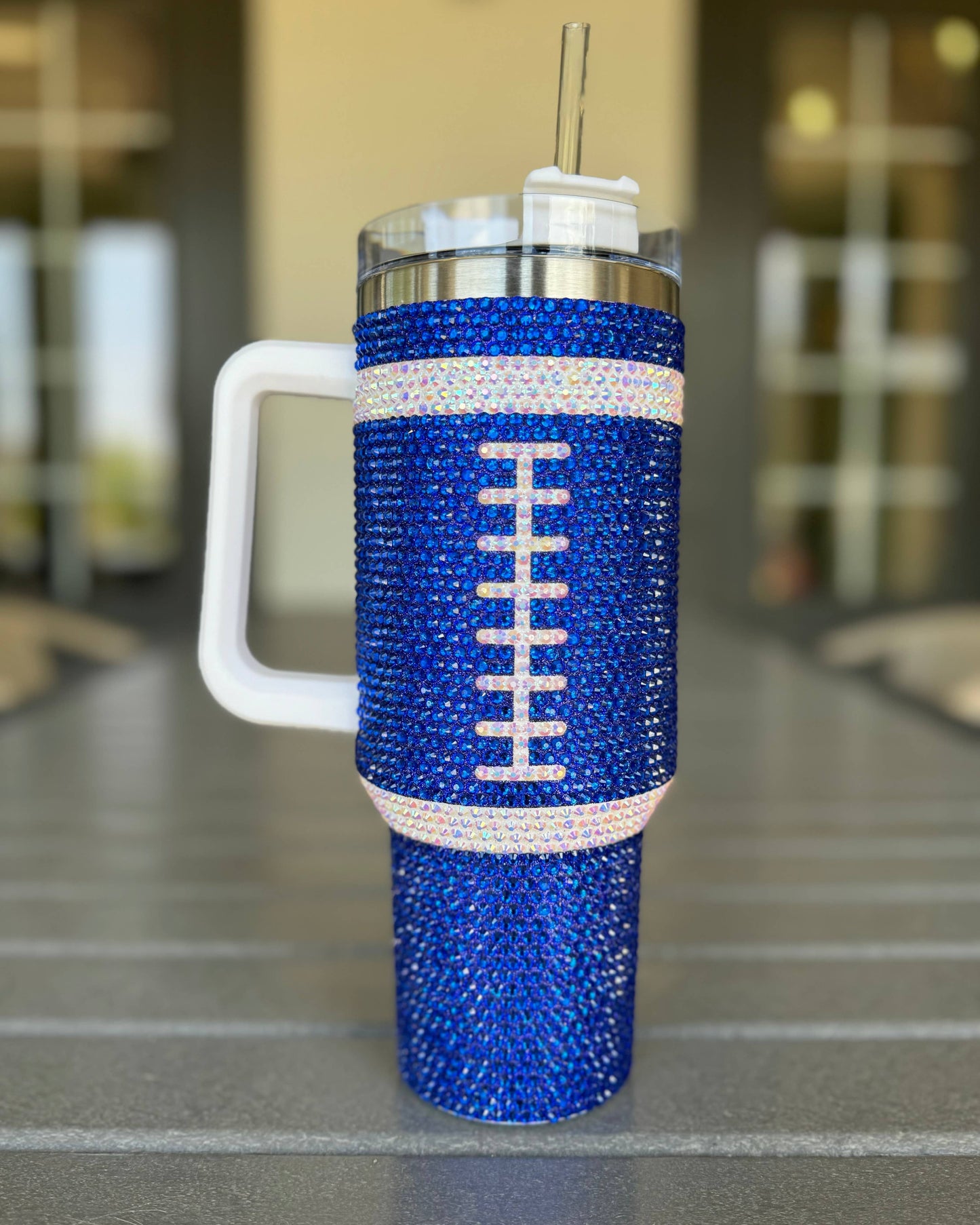 Blue Rhinestone Football 40 Oz. Tumbler