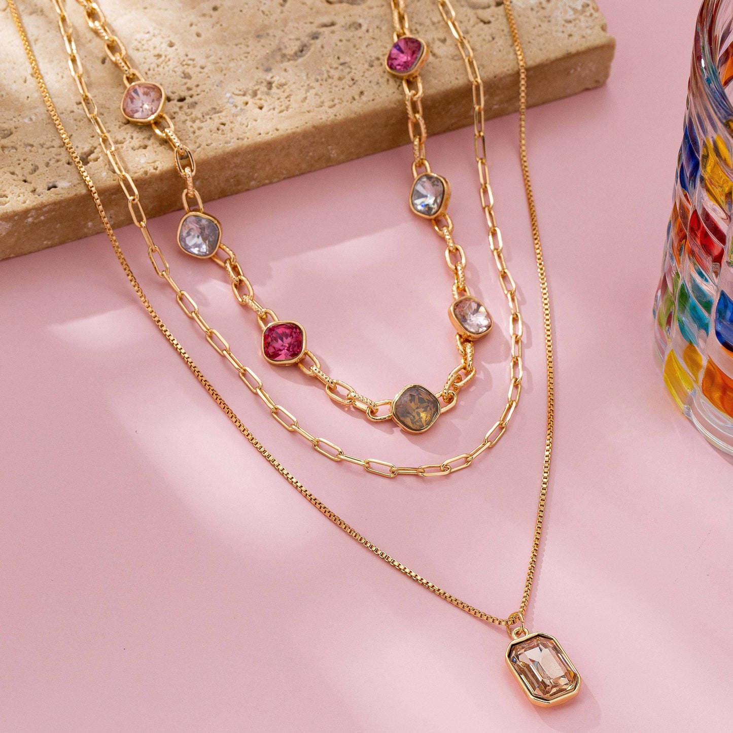 Gold Multi-Layer Oval Stone Necklace