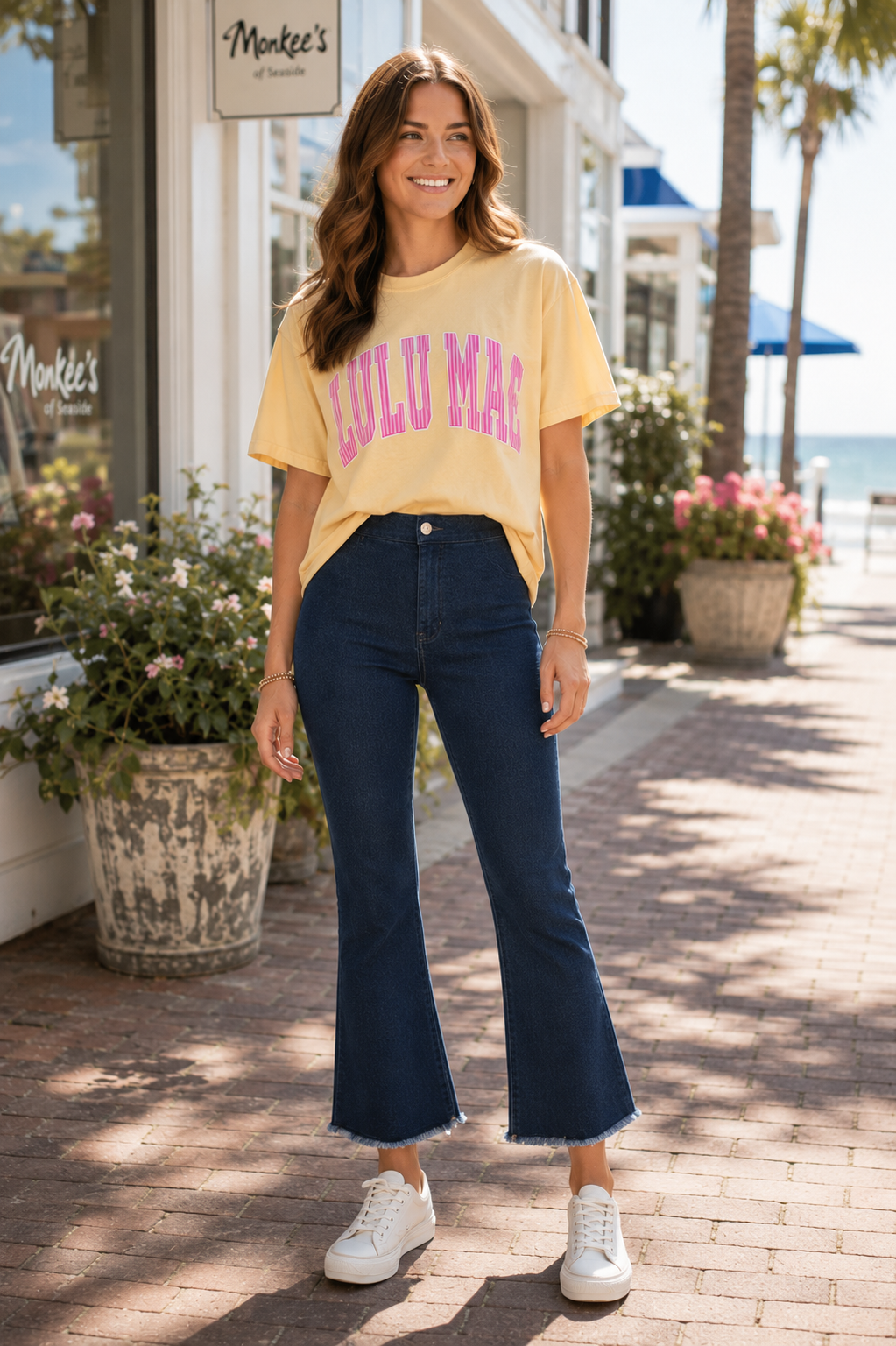 Lulu Mac Butter Yellow stripe tee lifestyle shot - soft Comfort Colors boutique graphic tee