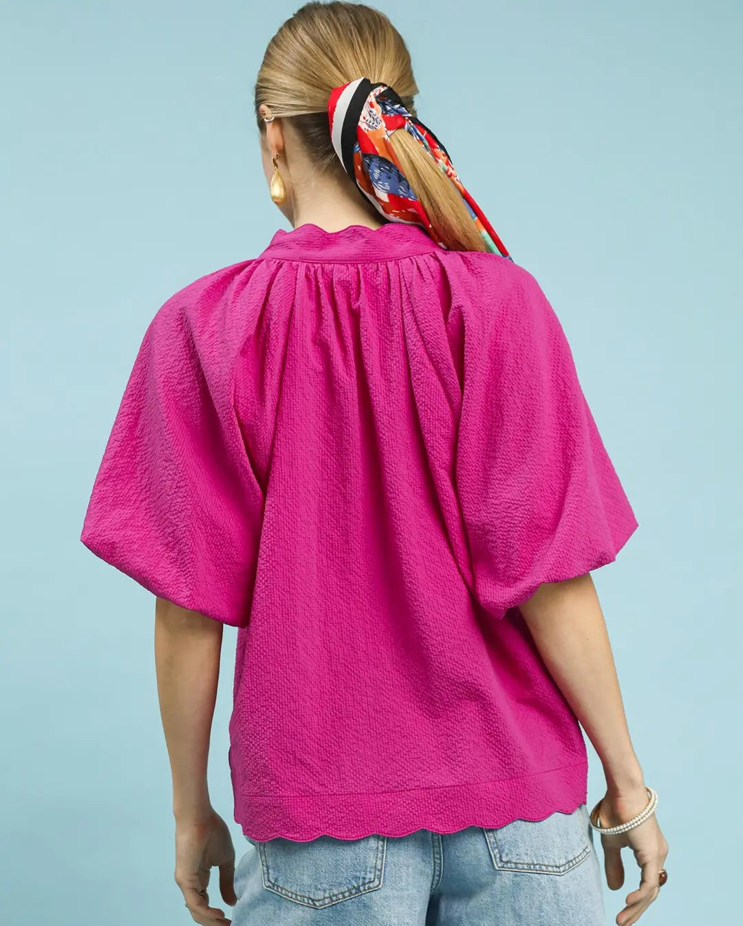 Umgee Seersucker Bubble Sleeve Top