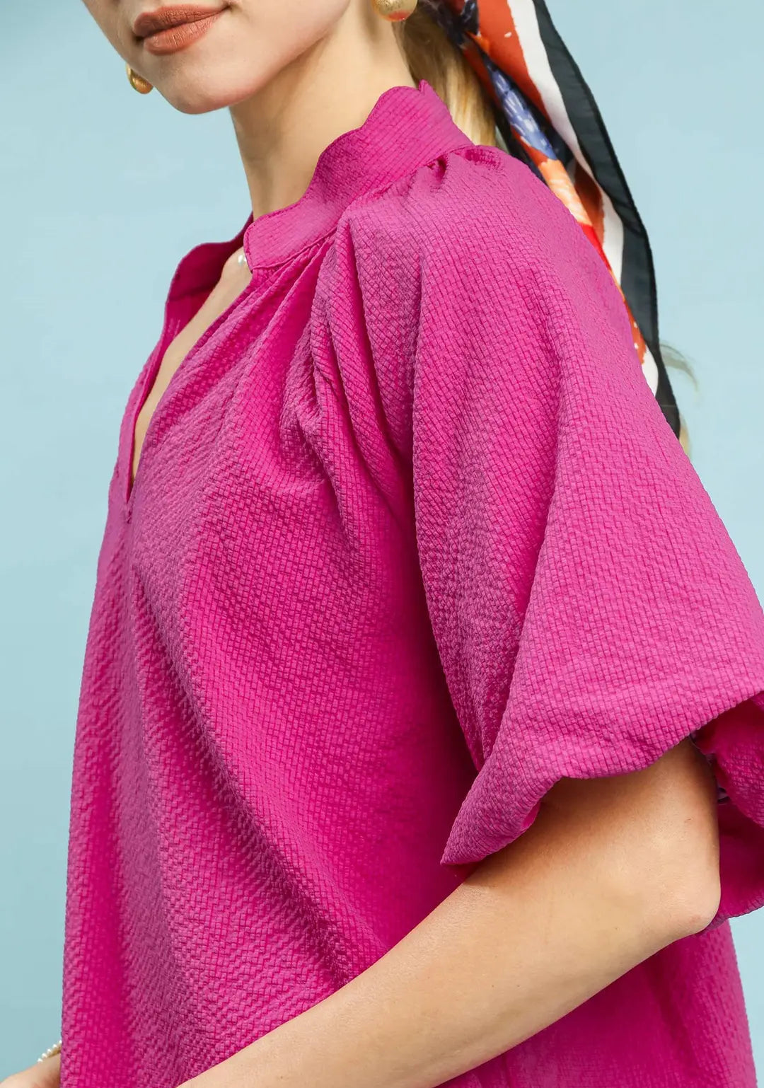 Umgee Seersucker Bubble Sleeve Top