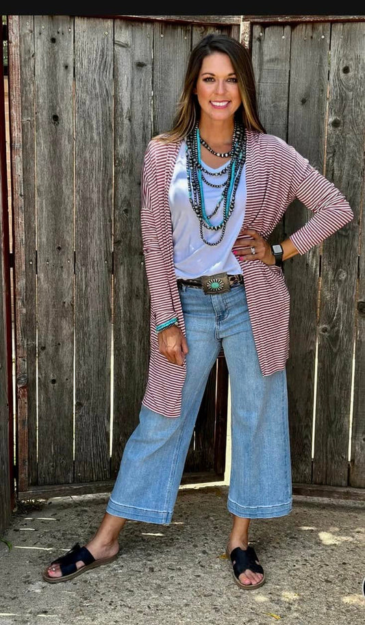 Mauve Striped Mid-Length Cardigan