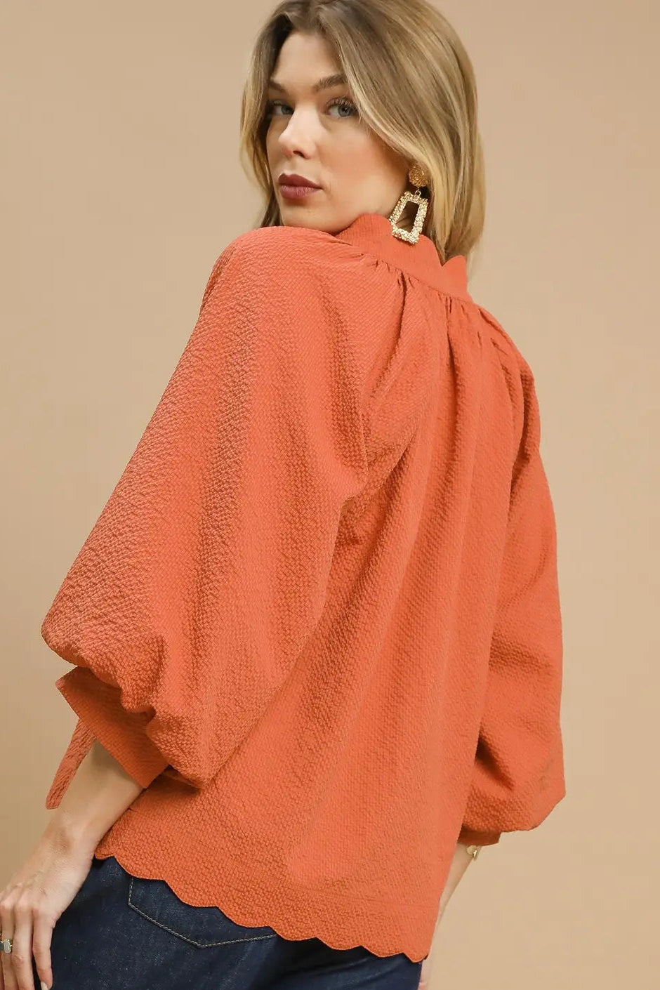 rust textured blouse back view balloon sleeves scallop hem women’s top
