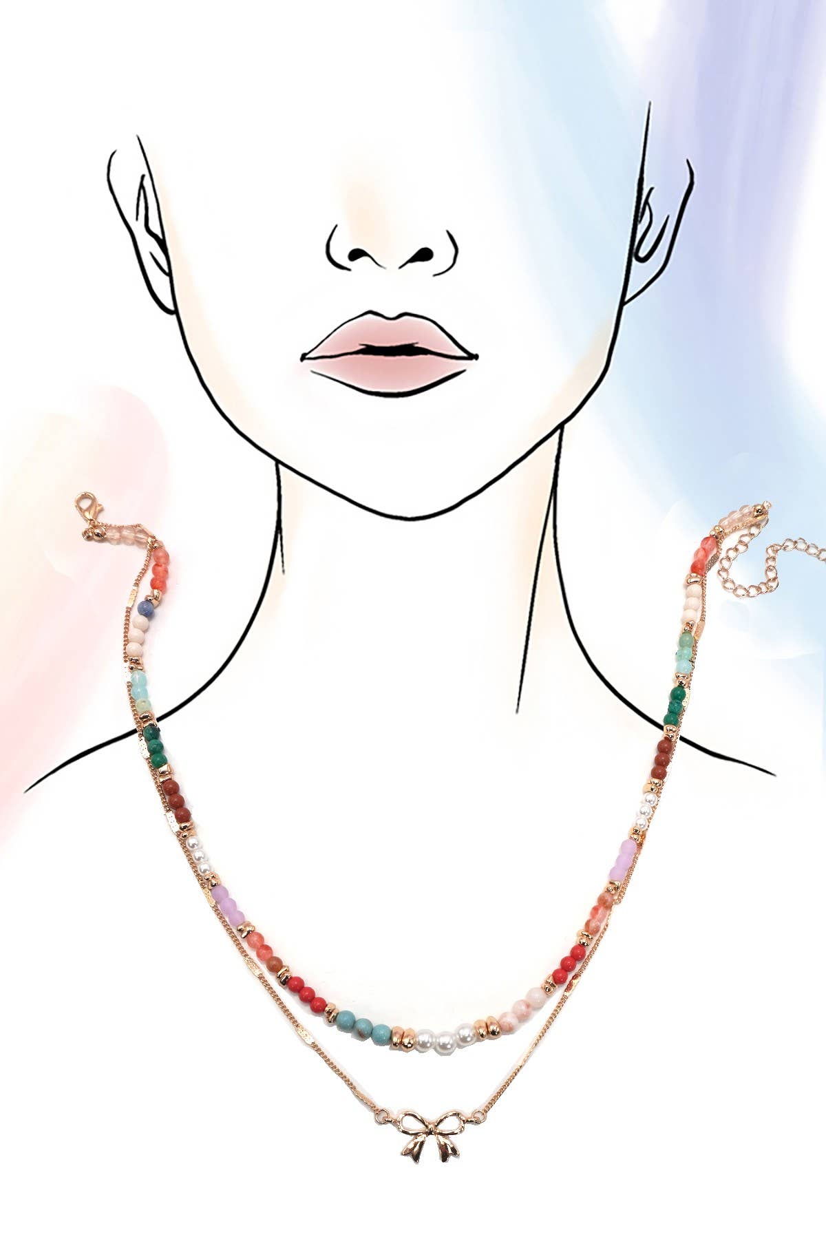 Multi Beaded Double Layer Bow Necklace