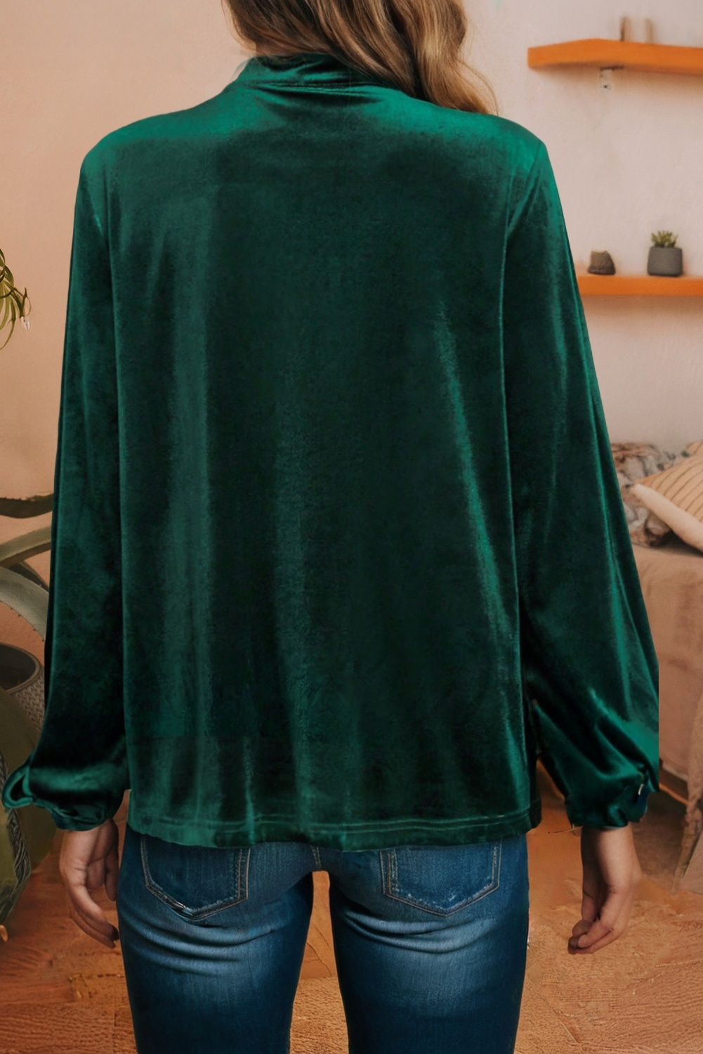 Emerald Velvet Pleated Keyhole Blouse