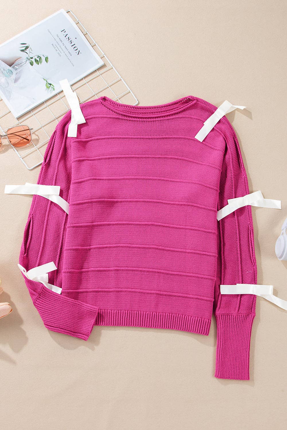 Bow Cut Out Round Neck Loose Sweater