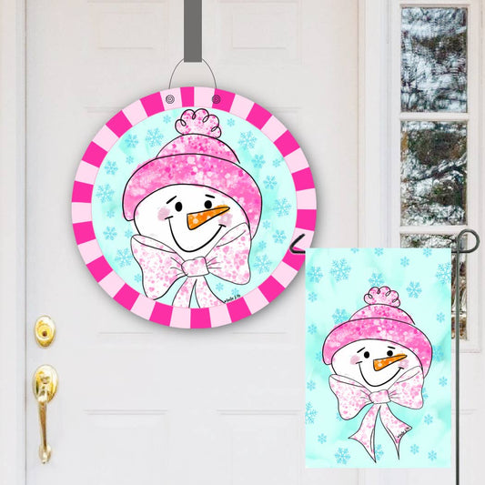 Pink Bow Frosty Door Hanger
