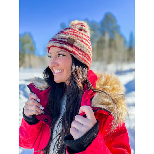 C.C Zebra Pattern Faux Fur Pom Beanie