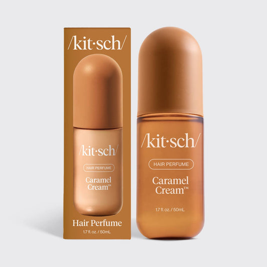 Kit Sché Caramel Cream Hair Perfume bottle and its matching brown cardboard packaging box, displayed side-by-side on a light gray background.