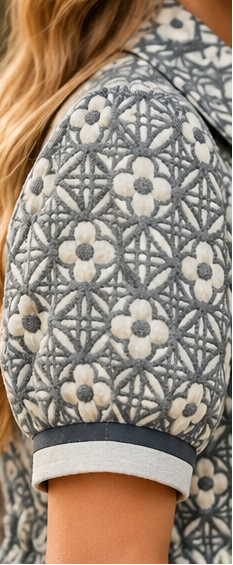 grey textured sleeve of a dress from umgee