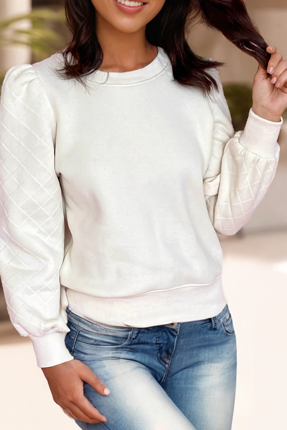 Solid Puff White Sleeve Sweatshirt