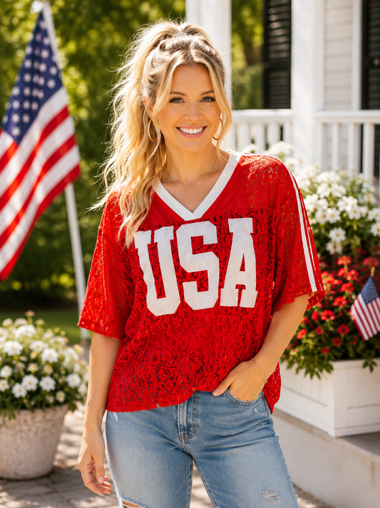 Grace + Emma Red USA Lace Jersey Top