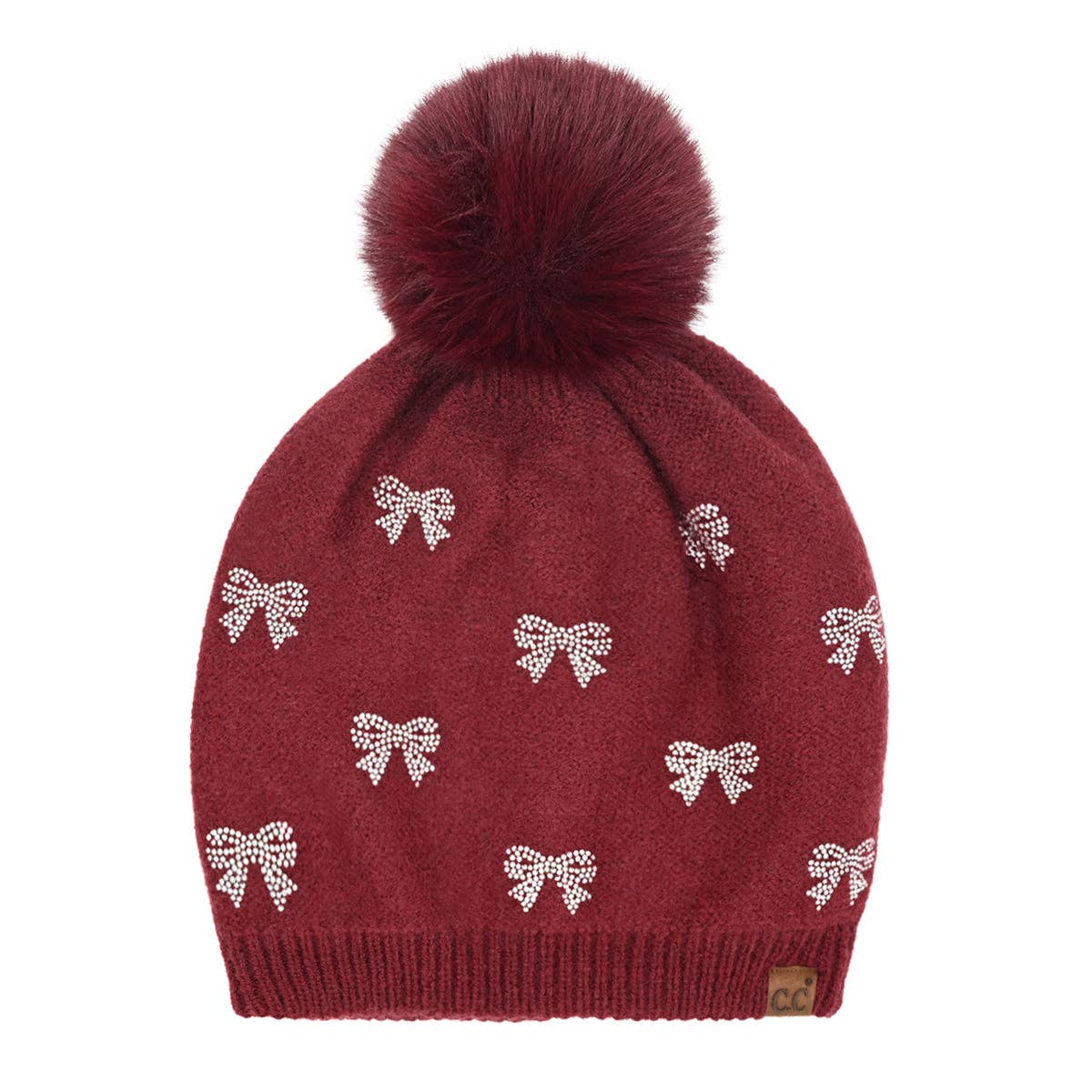 Allover Mini Rhinestone Bow C.C Faux Fur Pom Beanie