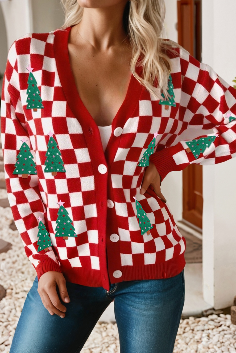Red & White Checkered Tree Cardigan