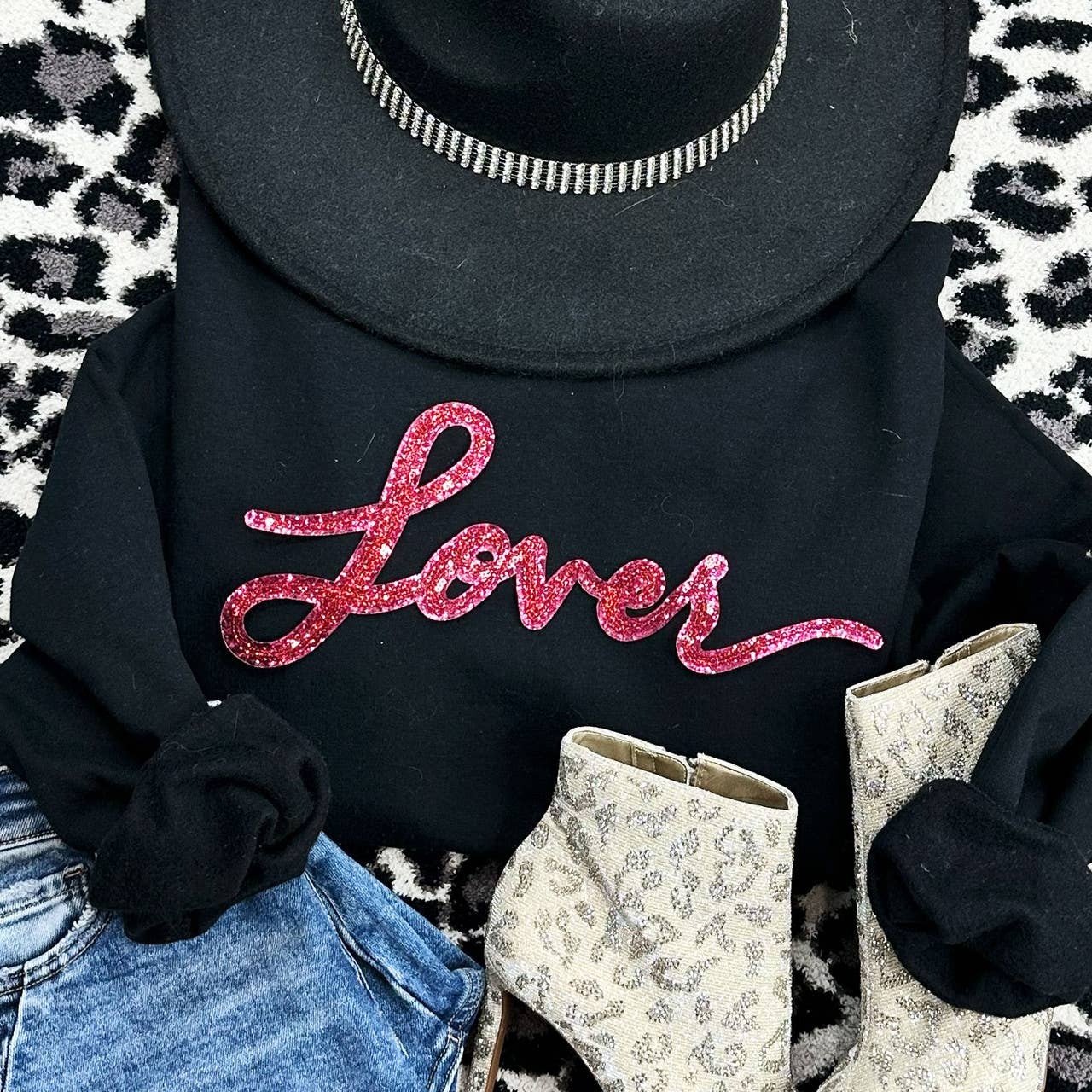 LOVER Red Sequin Patch Black Crewneck Sweatshirt