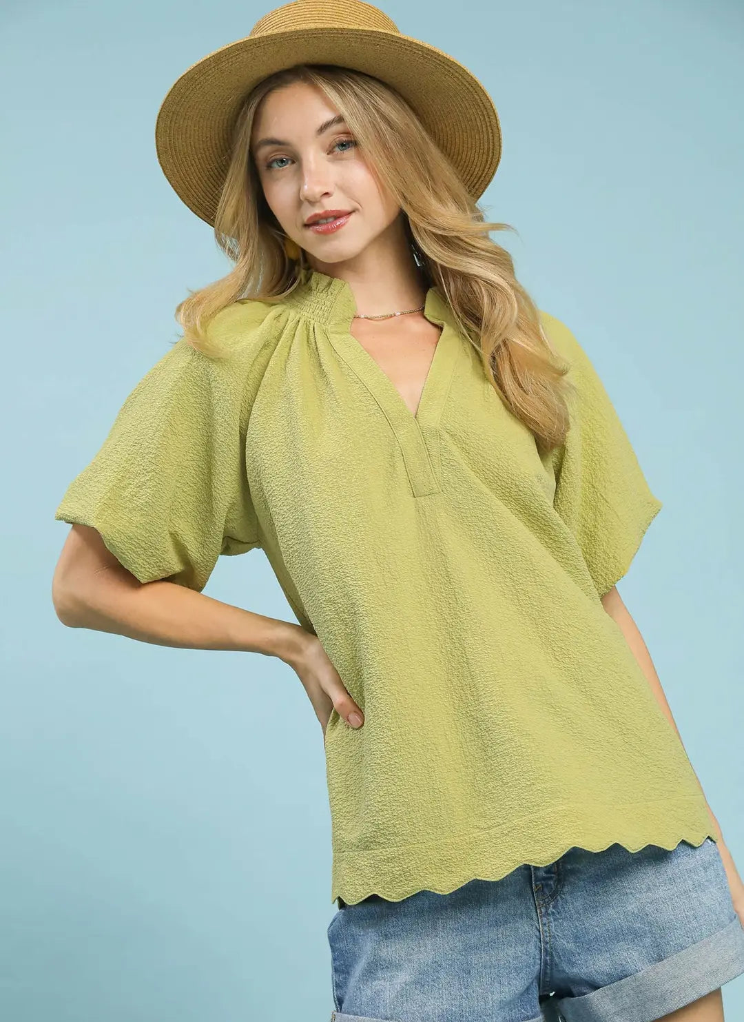 Umgee Seersucker Bubble Sleeve Top