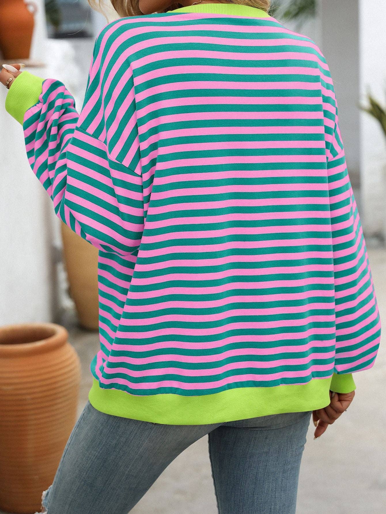 Color Striped Crew Neck Loose Sweatshirt