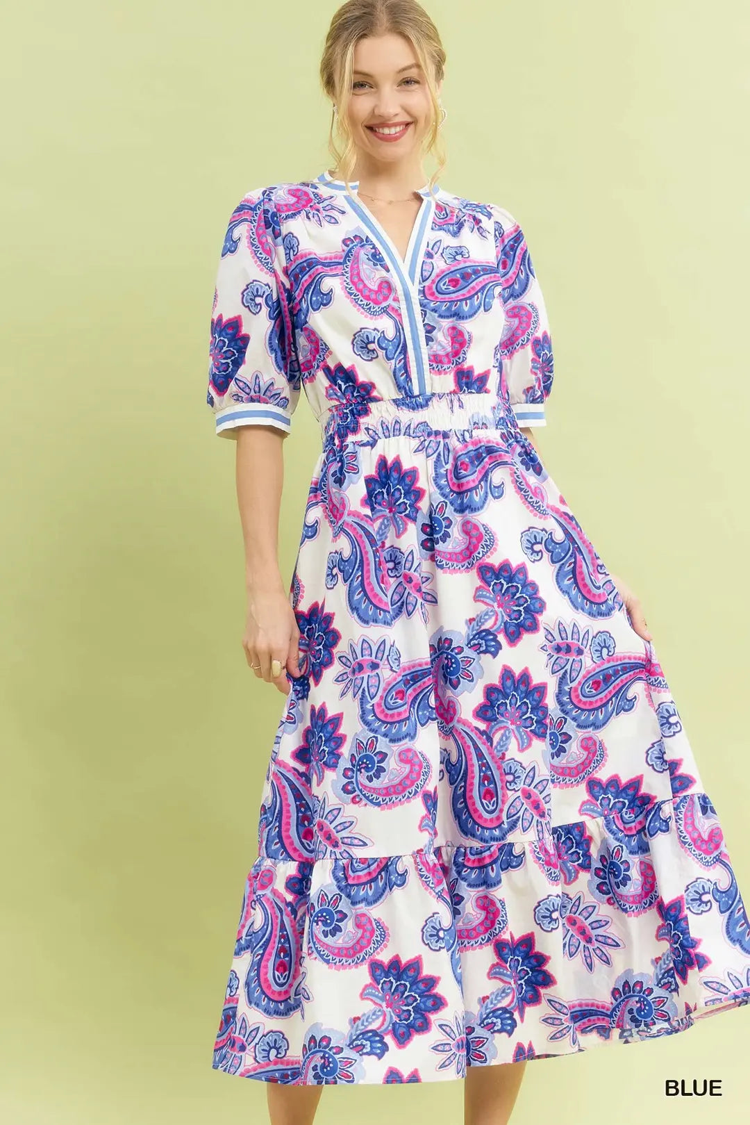 Umgee Blue Paisley Smocked Waist Midi Dress