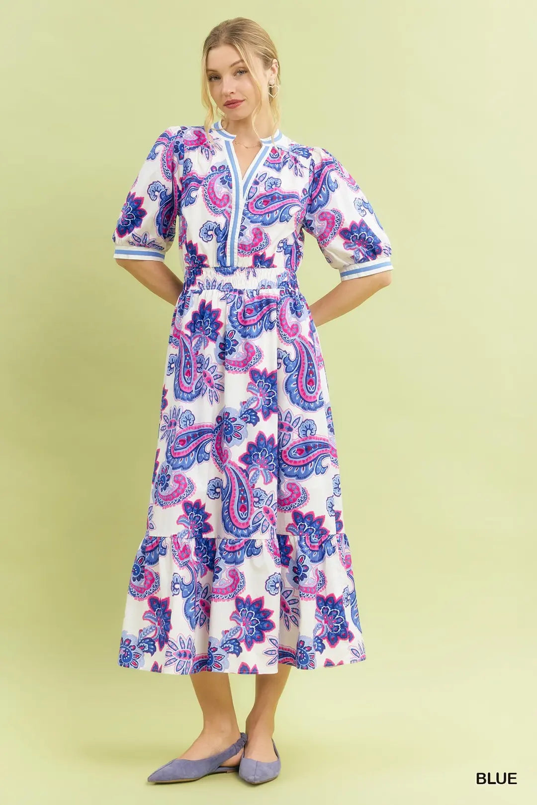Umgee Blue Paisley Smocked Waist Midi Dress