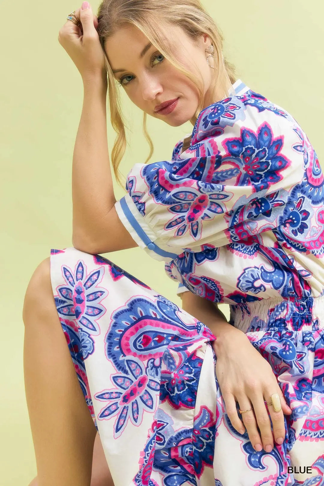 Umgee Blue Paisley Smocked Waist Midi Dress