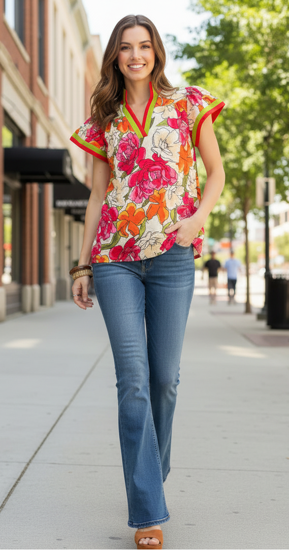 colorful blouse with pink and green trim
