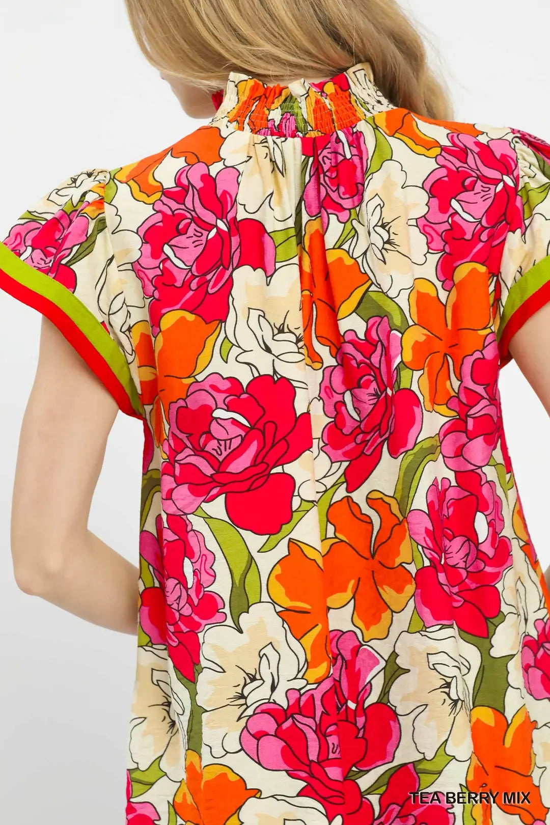 Umgee Floral Print Blouse with Contrast Trim