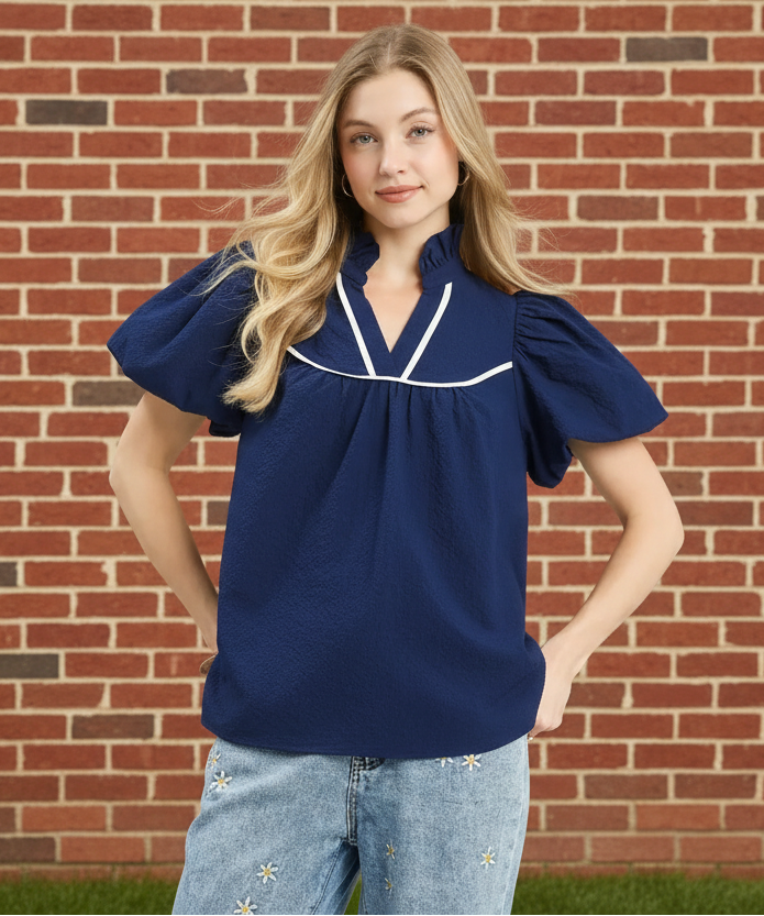 Umgee Navy Textured Puff Sleeve Blouse