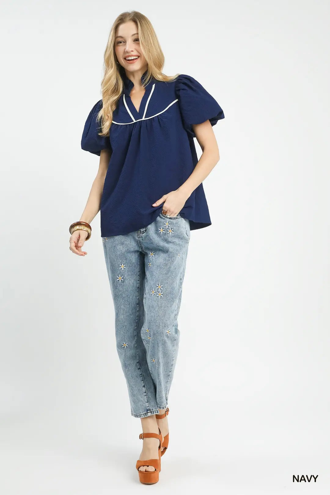 Umgee Navy Textured Puff Sleeve Blouse