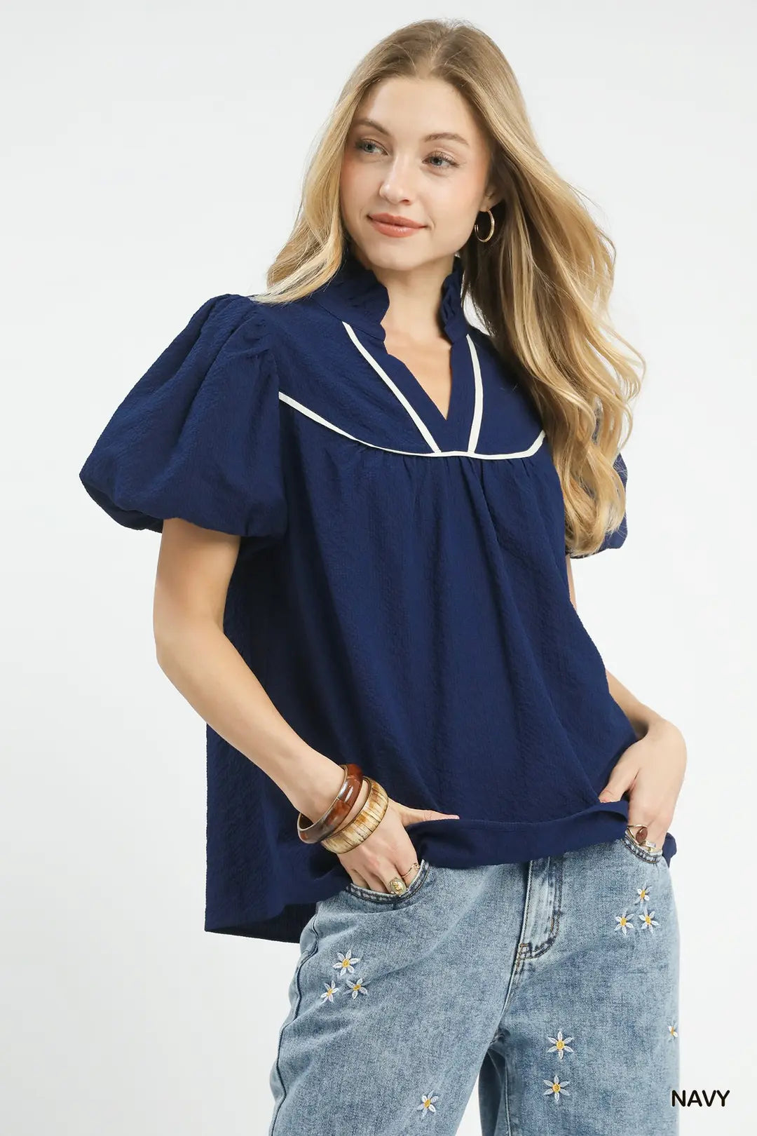 Umgee Navy Textured Puff Sleeve Blouse