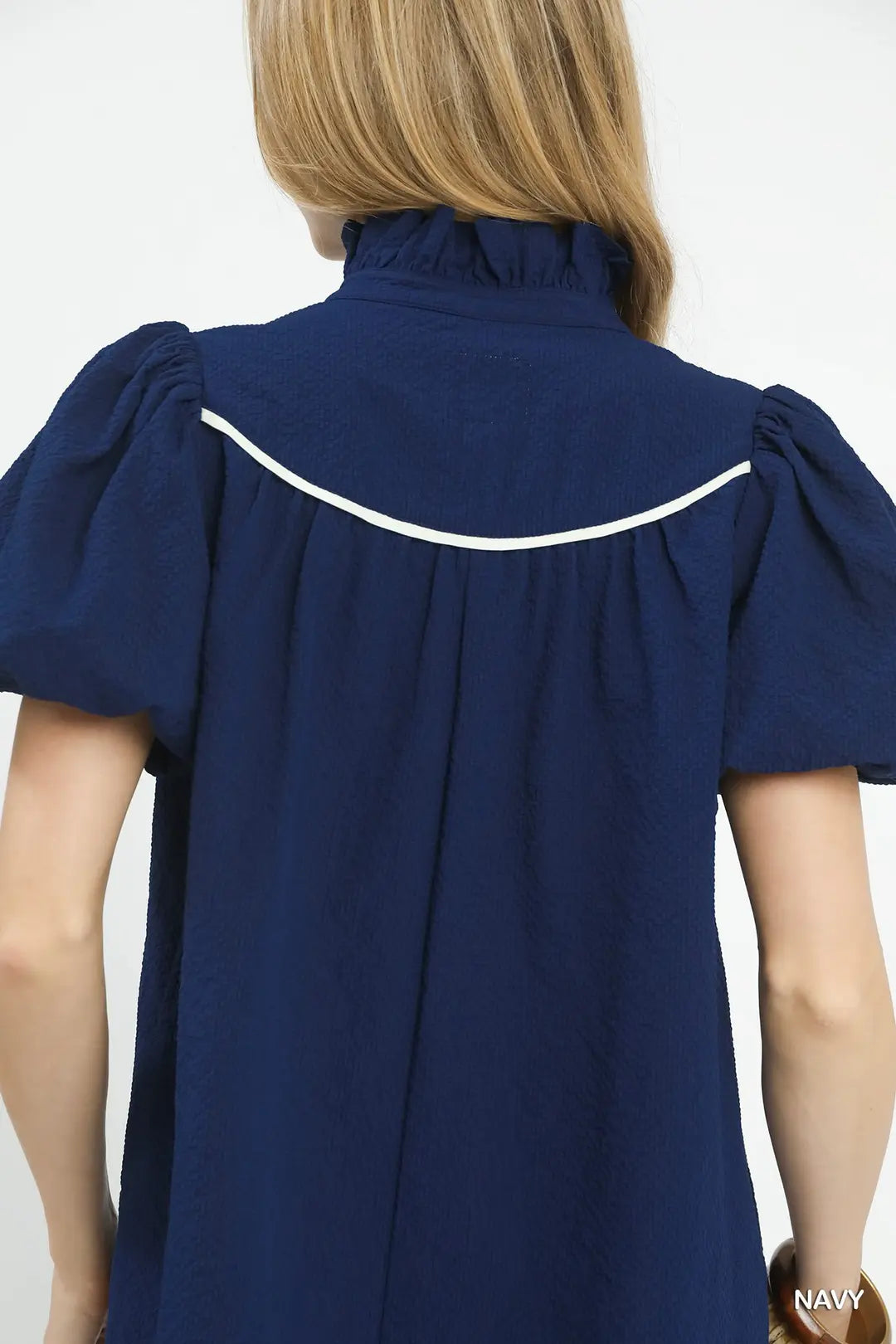 Umgee Navy Textured Puff Sleeve Blouse