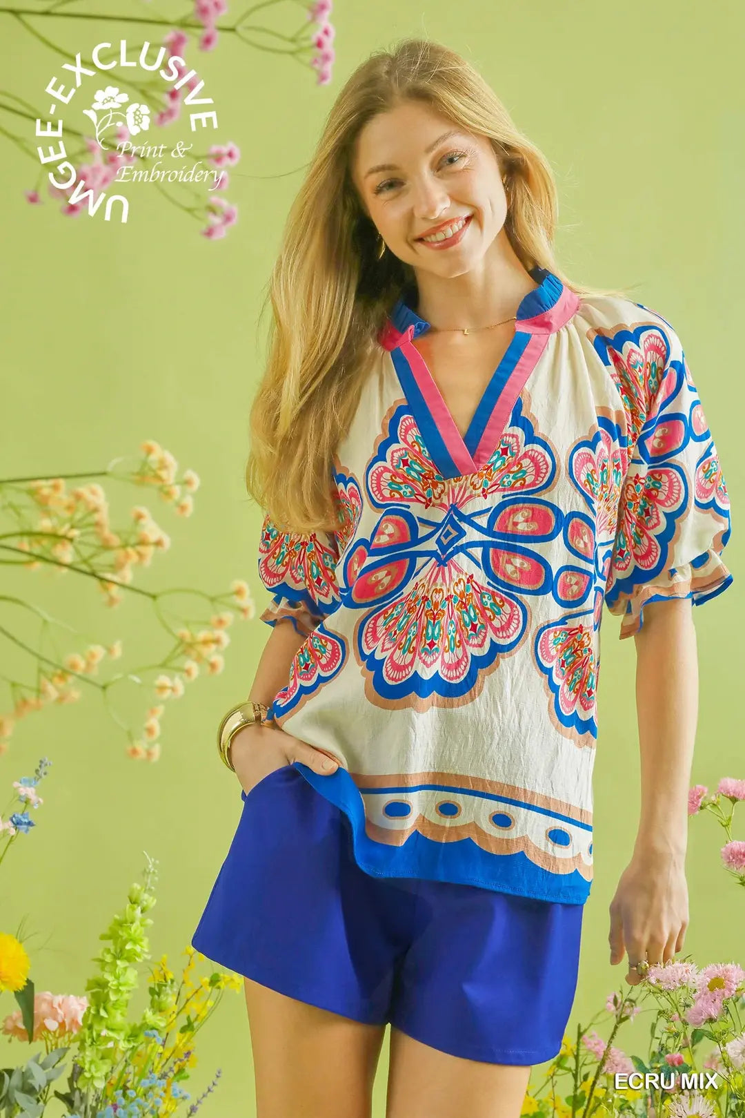 Umgee Boho Floral V-Neck Top – Colorful Flutter Sleeve Blouse