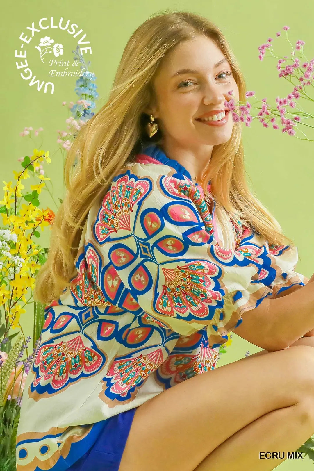 Umgee Boho Floral V-Neck Top – Colorful Flutter Sleeve Blouse