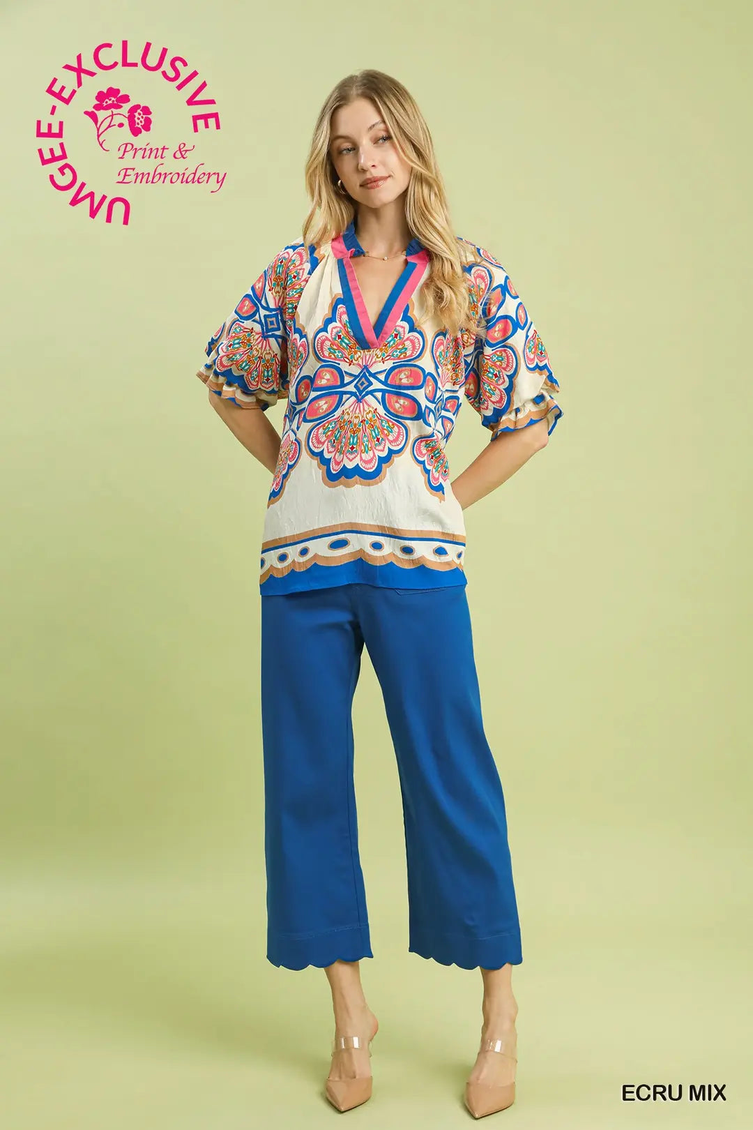 Umgee Boho Floral V-Neck Top – Colorful Flutter Sleeve Blouse