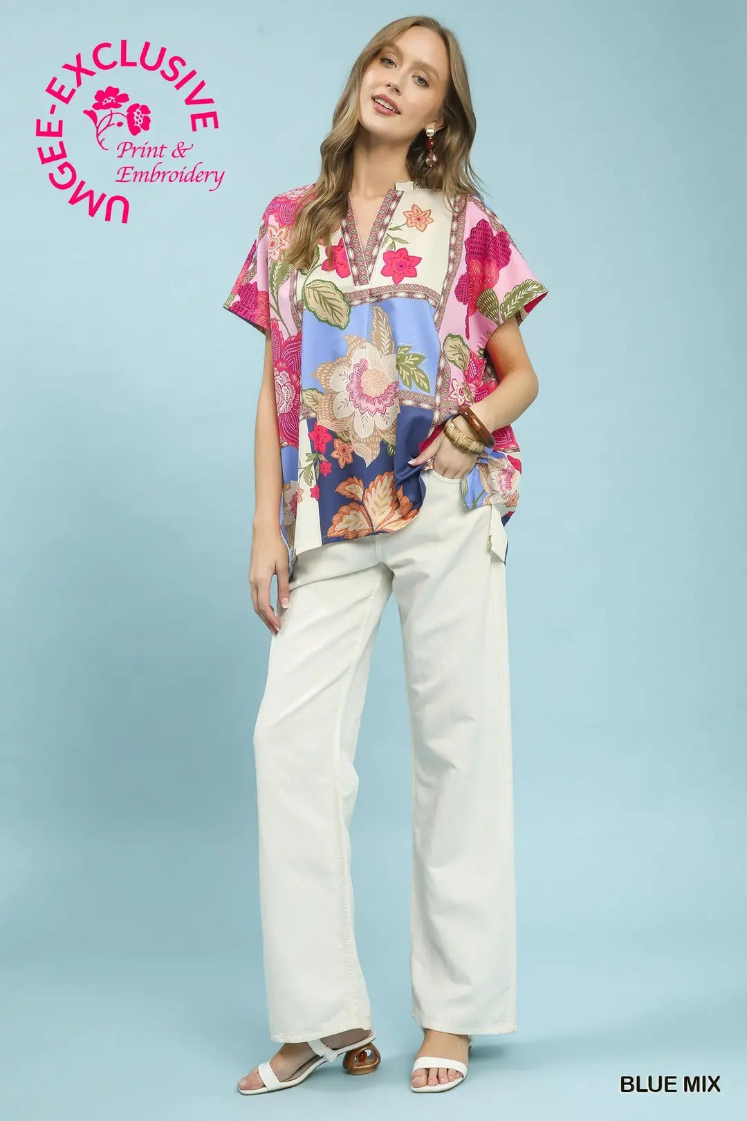 Umgee Boho Floral Patchwork V-Neck Top