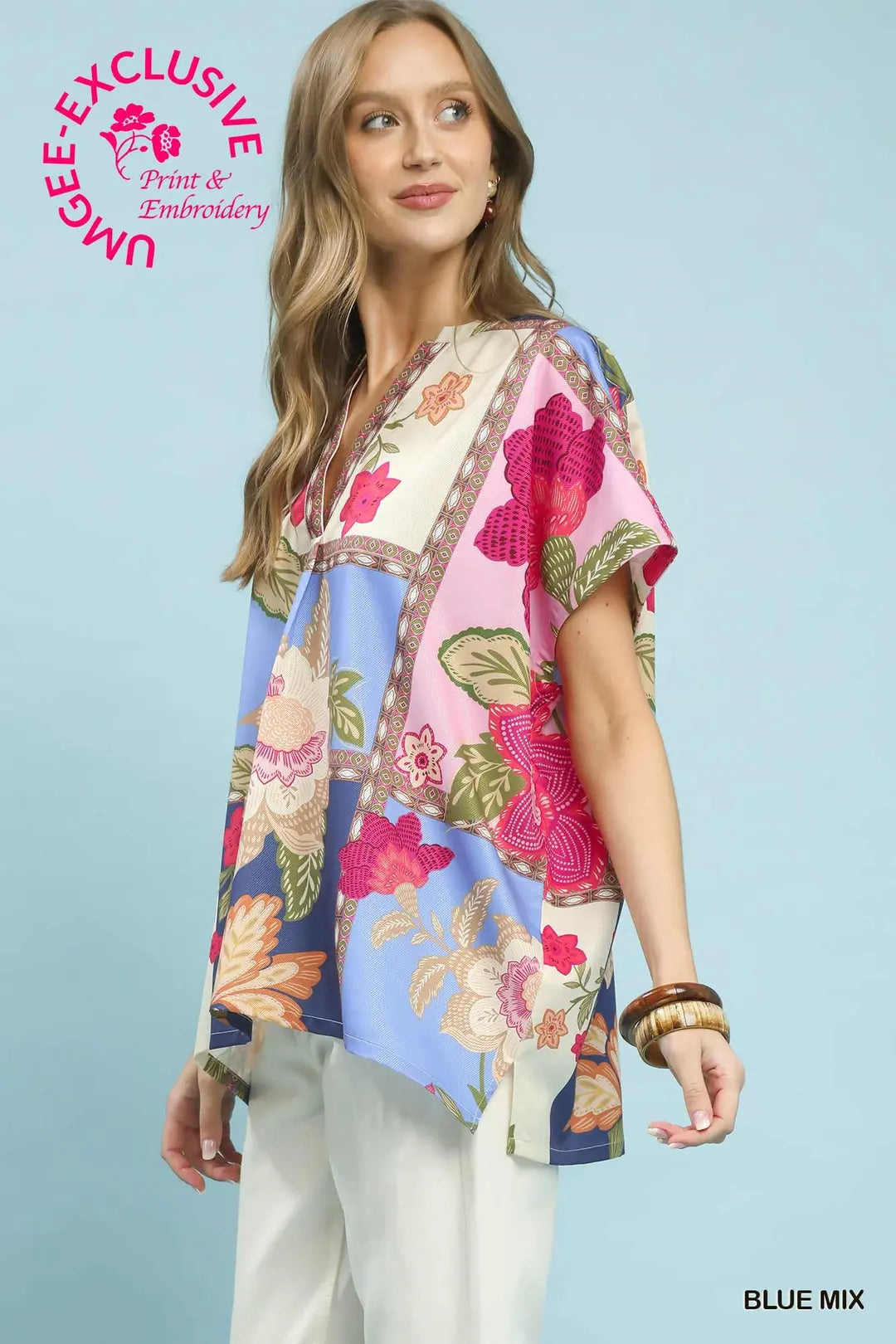 Umgee Boho Floral Patchwork V-Neck Top
