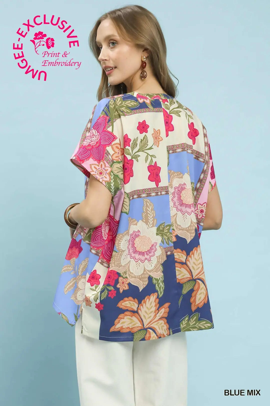 Umgee Boho Floral Patchwork V-Neck Top