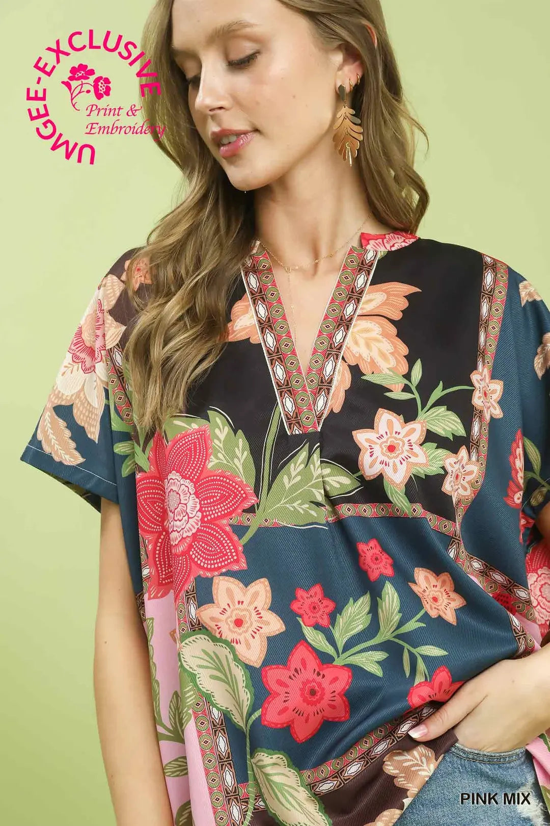 Umgee Boho Floral Patchwork V-Neck Top
