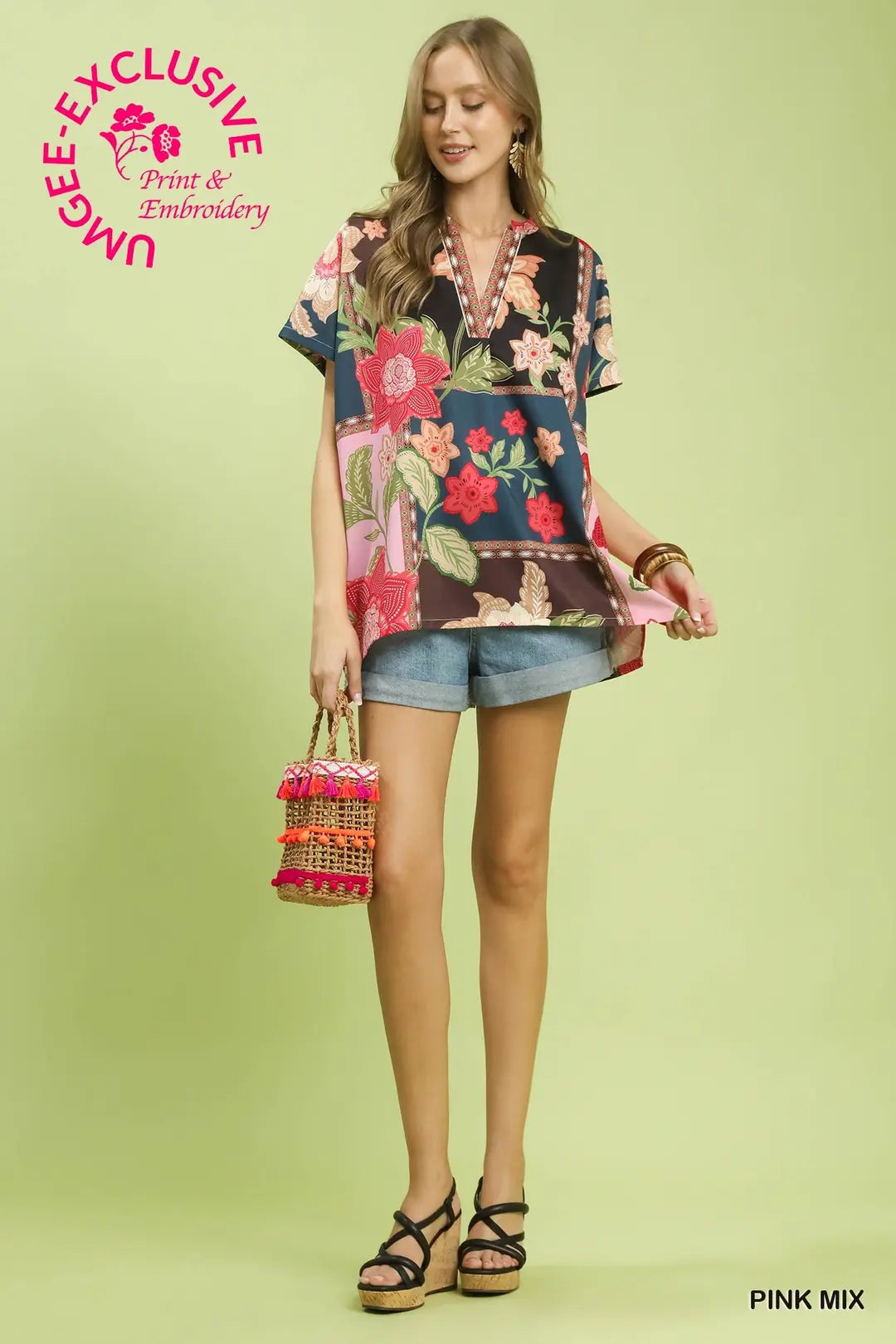 Umgee Boho Floral Patchwork V-Neck Top