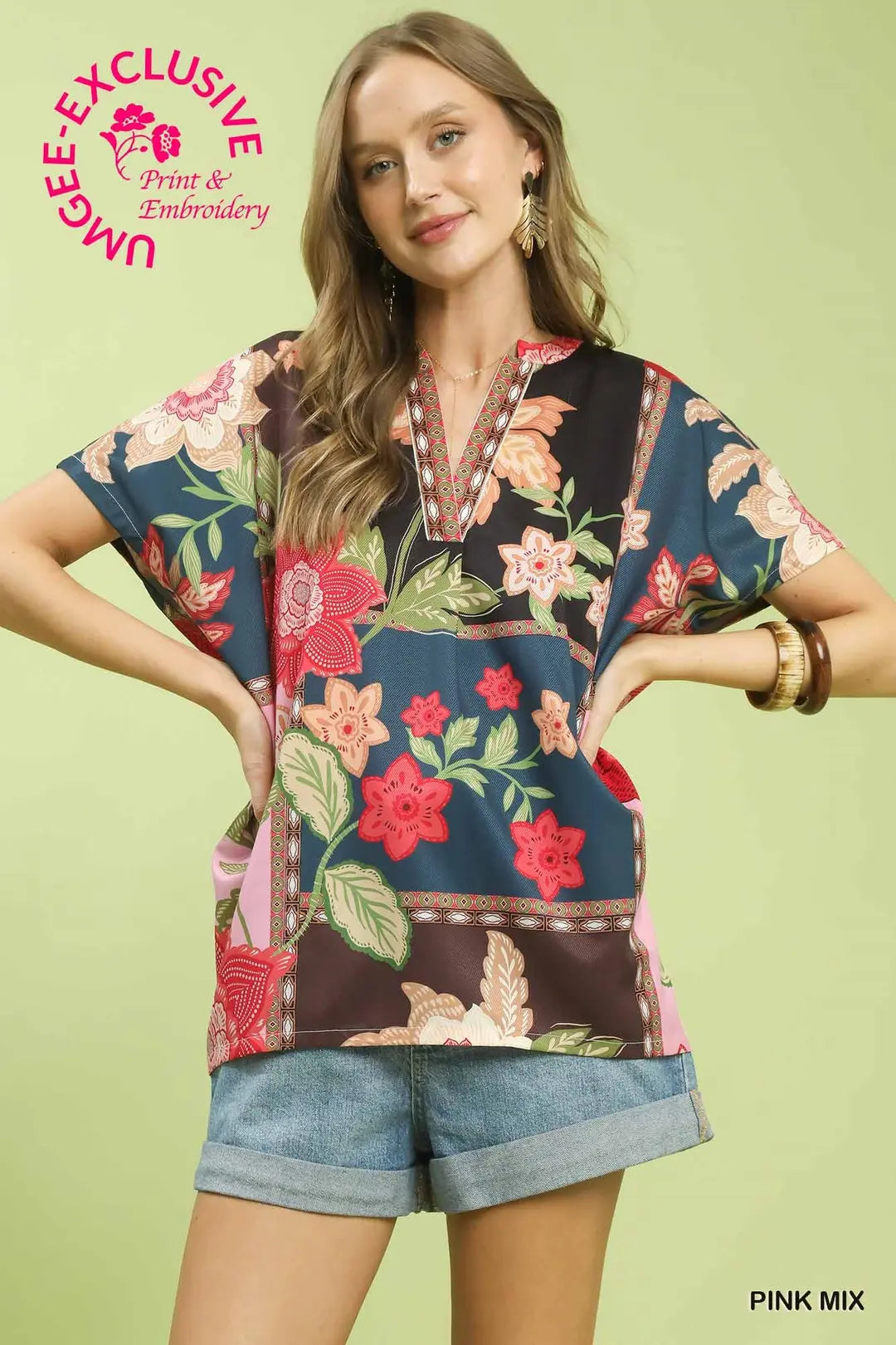 Umgee Boho Floral Patchwork V-Neck Top