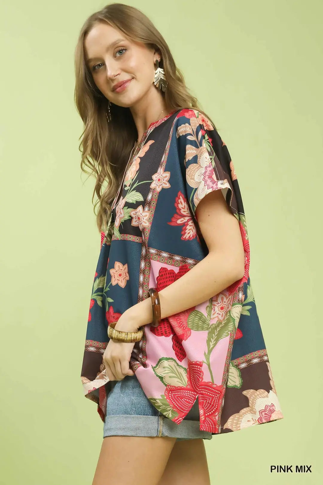 Umgee Boho Floral Patchwork V-Neck Top