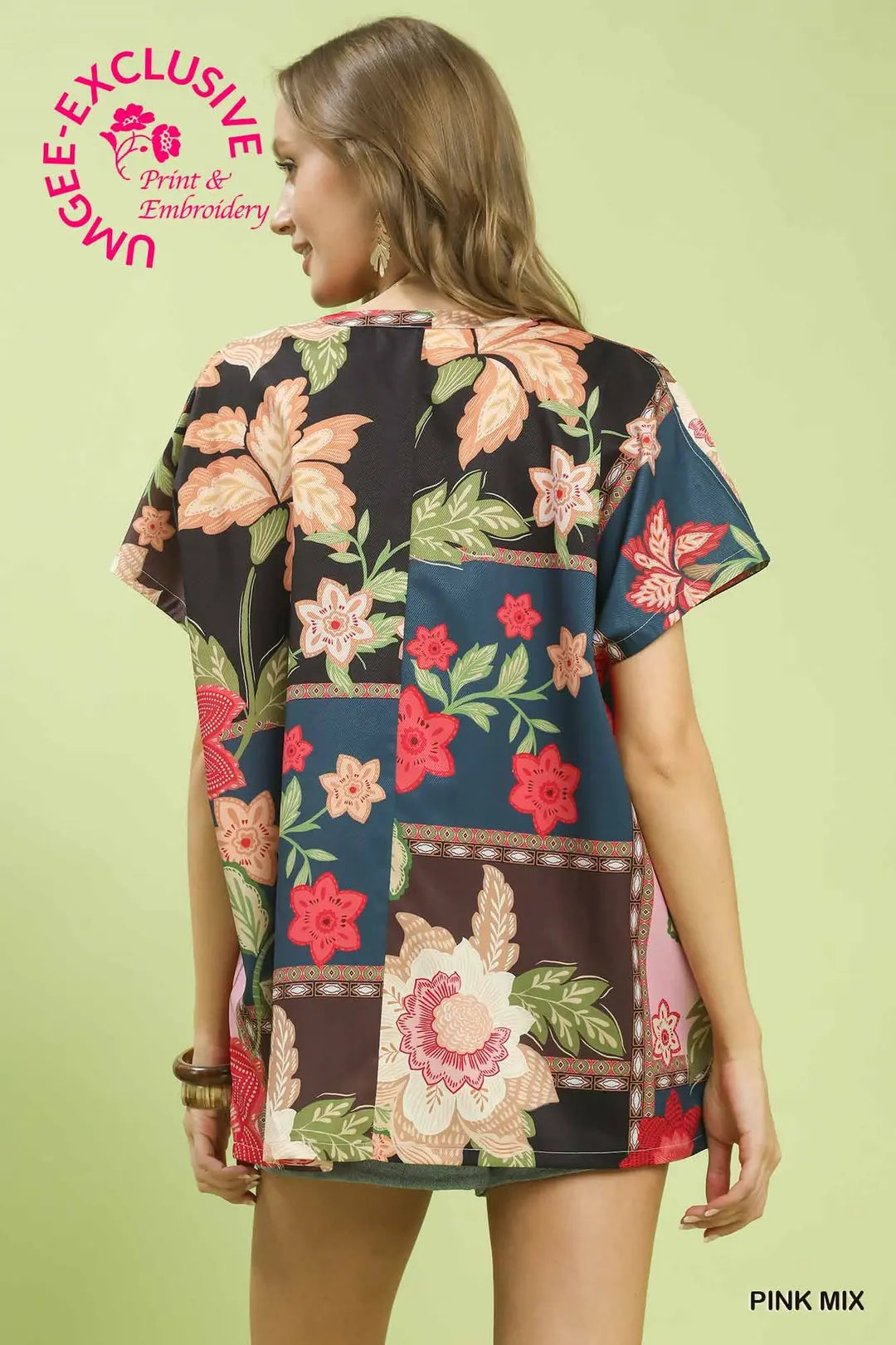 Umgee Boho Floral Patchwork V-Neck Top